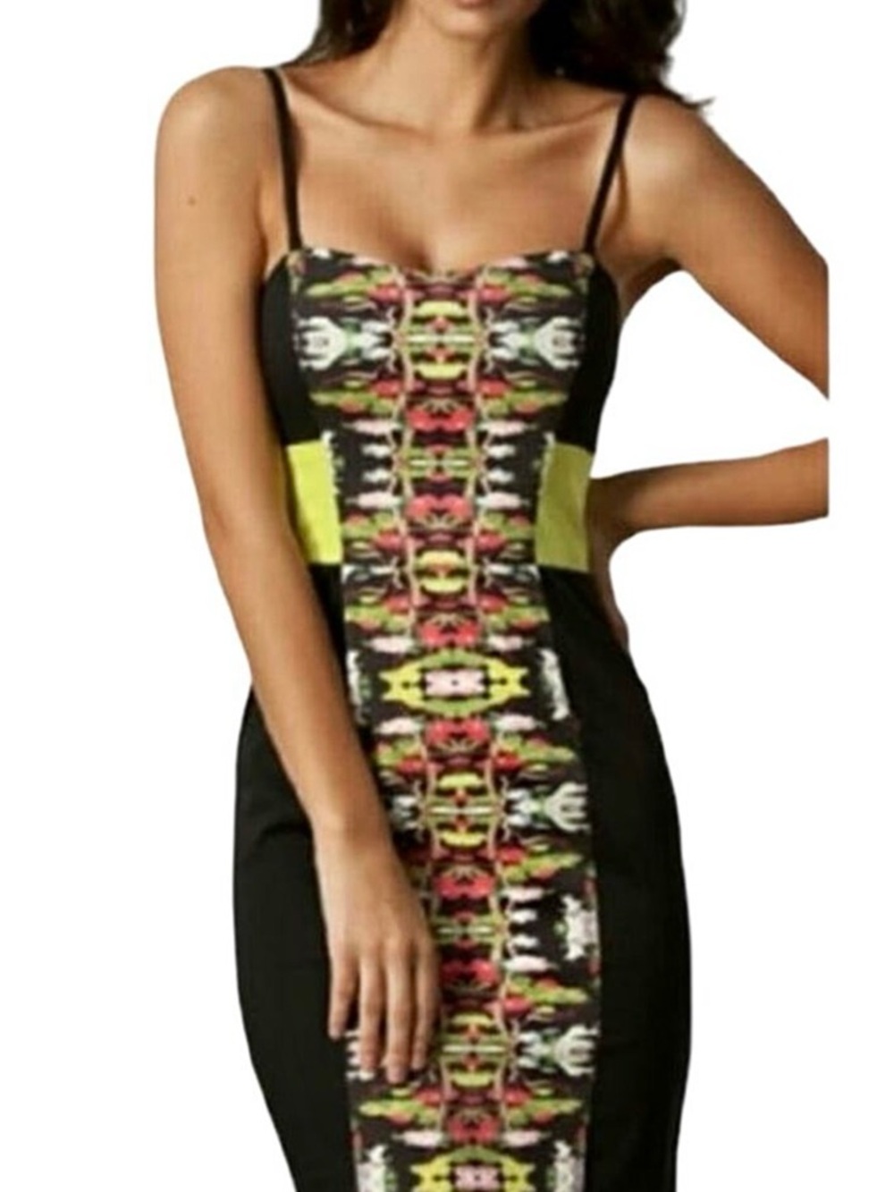 French Connection size 0 Black Abstract Printed Bodycon Dress with color blocks